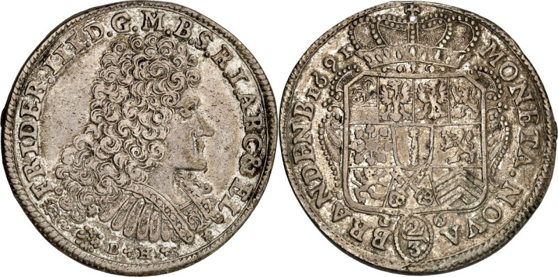 Brandenburg/-Preussen. 
Friedrich III. 1688-1701. 2/3 Taler 1691 BH Minden. Geh...