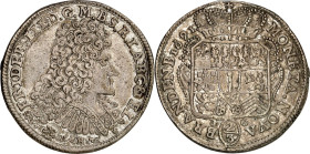 Brandenburg/-Preussen. 
Friedrich III. 1688-1701. 2/3 Taler 1691 BH Minden. Geharn. Brb. n.r., darunter Mzz. hinter üppiger Arabeske / Wappen unter K...