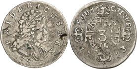 Brandenburg/-Preussen. 
Friedrich I. 1701-1713. Dreigröscher 1713 C&nbsp;G, Königsberg. Belorb. geharn. Brb. mit Mantel n.r.&nbsp;/ Gekr. Doppeliniti...