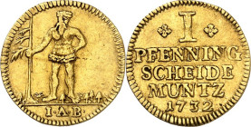 Braunschweig/-Wolfenbüttel. 
Ludwig Rudolph (von Blankenburg) (1707-) 1731-1735. Goldabschlag des 1 Pfennig 1732 Wilder Mann (in Cu nicht bekannt) 3,...