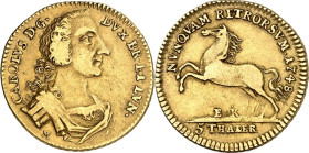 Braunschweig/-Wolfenbüttel. 
Karl I. 1735-1780. 5&nbsp;Taler 1748 Gold Geharn. Brb. n.r. / Roß n.l. W.&nbsp; 2694, F. 714. . 


GOLD ss