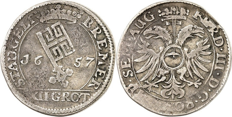 Bremen, Stadt. 
z.Z. Ferdinand III. 1637-1657. 12 Grote 1657 Gekr. Schlüssel/ G...