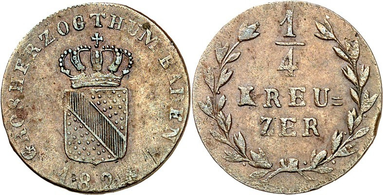 Baden. 
Ludwig 1818-1830. 1/4 Kreuzer 1824 Cu. AKS 70, J. 25. . 


ss