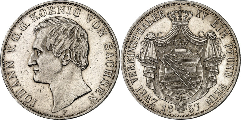 Sachsen, Königreich. 
Johann 1854-1873. Vereinsdoppeltaler 1857. AKS 126, J. 10...