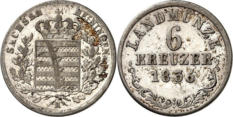 Sachsen/-Meiningen. 
Bernhard Erich Freund, selbstständig 1822-1866. 6 Kreuzer ...