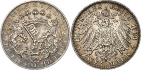 KAISERREICH. 
BREMEN, Freie Hansestadt. 
2 Mark 1904 Stadtwappen. J. 59. . 


St-