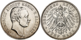 KAISERREICH. 
SACHSEN, Königreich. 
5 Mark 1908 Friedrich August III. J. 136. . 


vz-