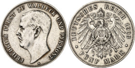KAISERREICH. 
WALDECK u. PYRMONT. 
5 Mark 1903 Friedrich Adolph. J.&nbsp; 171. . 


ss-vz