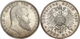 KAISERREICH. 
WÜRTTEMBERG, Königreich. 
5 Mark 1907 Wilhelm II. J. 176. . 


vz-St