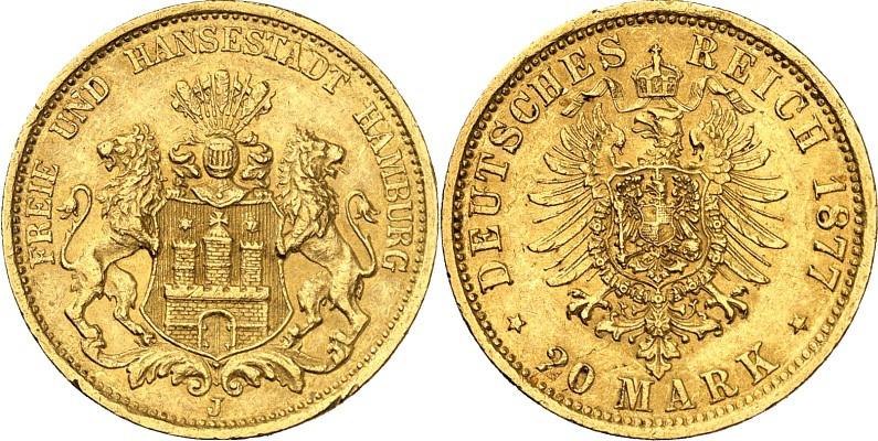 REICHSGOLD. 
HAMBURG. 
20 Mark 1877 Stadtwappen. J.&nbsp; 210. . 


GOLD vz