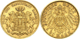REICHSGOLD. 
HAMBURG. 
20 Mark 1897 Stadtwappen. J.&nbsp; 212. . 


GOLD l.Rf., vz