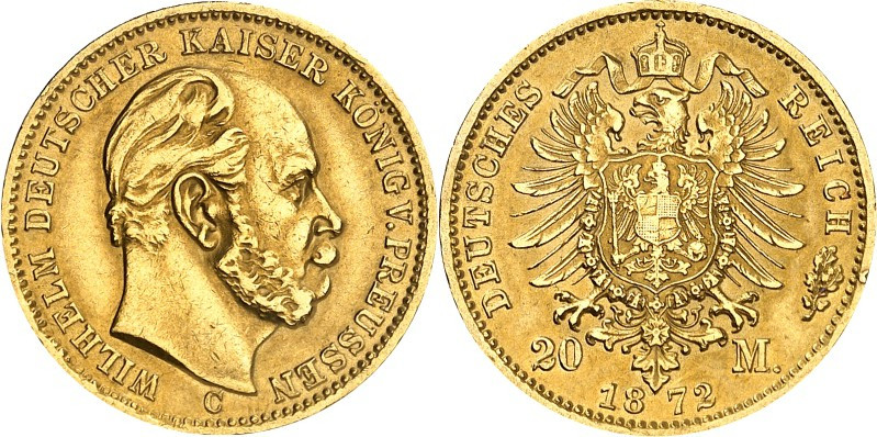 REICHSGOLD. 
PREUSSEN. 
20 Mark 1872C Wilhelm I. J. 243. . 


GOLD l.Rf.,ss