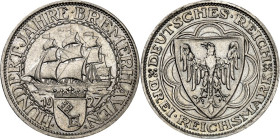 WEIMARER REPUBLIK. 
GEDENKMÜNZEN. 
3 Reichsmark 1927A Bremerhaven. J. 325. . 


vz