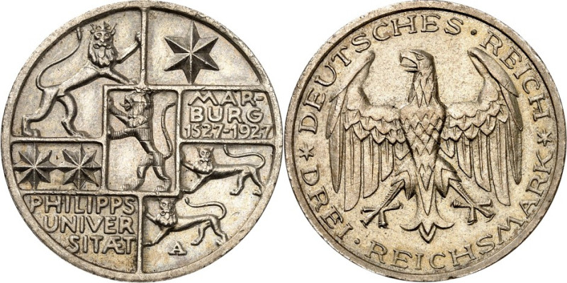 WEIMARER REPUBLIK. 
GEDENKMÜNZEN. 
3 Reichsmark 1927A Uni Marburg. J. 330. . ...