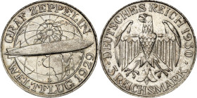 WEIMARER REPUBLIK. 
GEDENKMÜNZEN. 
3 Reichsmark 1930D Zeppelin. J. 342. . 


vz