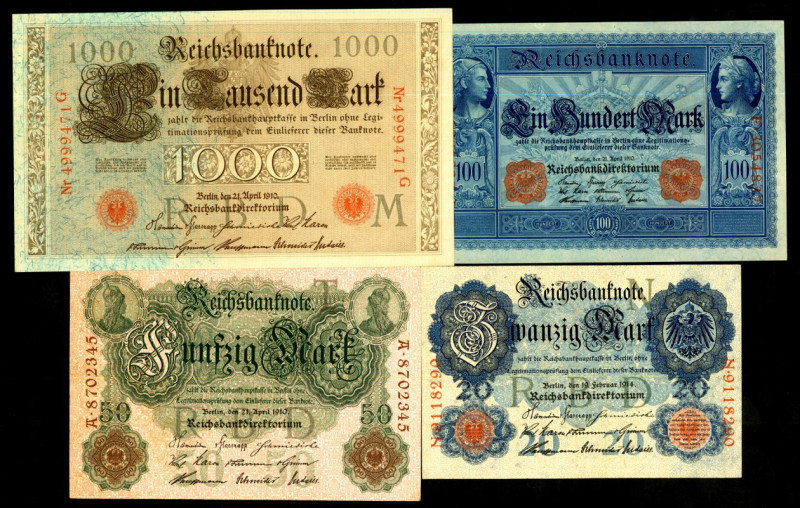 Deutsches Kaiserreich. 
50 , 100, 1000Mark 21.04.1910 Reichsbanknote und 20 Mar...