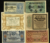 I. Weltkrieg von 1914/1918. 
20 Mark 4.11.1915, 5 Mark 1.8.1917(2), 20 Mark 20.2.1918, 50 Mark 20.10.1918, 50 Mark 30.11.1918. Ros. zu 53,54b,54c,55,...