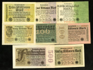 Inflation von 1919/1924. 
1 , 2 Mio.Mark 25.7.1923 5 Mio Mark 20.8.1923, 10 und 100 Mio.Mark 22.8.1923, 20, 50 , 500 Mio.Mark 1.9.1923 (2). Ros. 100,...