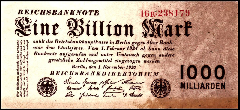 Inflation von 1919/1924. 
1 Billion Mark 1.11.1923 Reichsdruckerei, FZ "R". Ros...