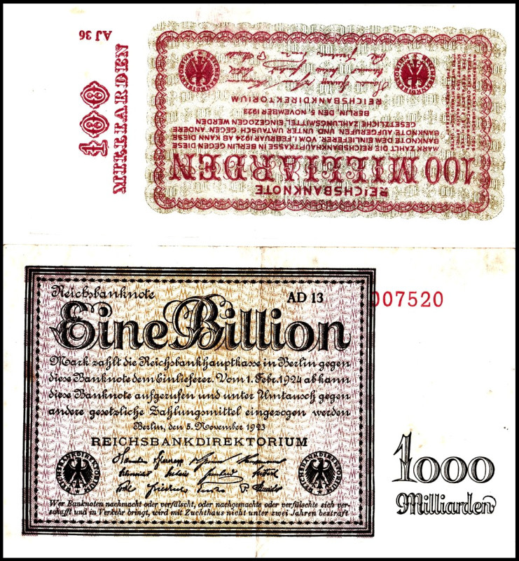 Inflation von 1919/1924. 
100 Milliarden, 1 Bio. 5.11.1923 Wz. Kreuzblüten. Ros...