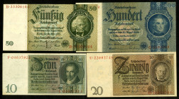 Reichsbank von 1924/1945. 
10-100 Reichsmark 1929-35. Ros.&nbsp; 173c, 174a, 175c, 176c. (4). 


1x III+,3x I