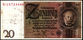 Reichsbank von 1924/1945. 
20 Reichsmark 22.1.1929 Belg.Gemeinde stempel. Ros.&nbsp; 174e. (2). 


III-