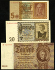 Reichsbank von 1924/1945. 
1000 Reichsmark 22.2.1936 Serie B, Unterdruck E, 20 Reichsmark 16.6.1939. Ros.&nbsp; 177, 178a, 179b. (3). 


I (Nr.177...