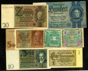Reichsbank von 1924/1945. 
Lots und Posten. 
III.Reich Konvolut 1 Rentenmk. 1937(25),10 RM(6),20RM(34),50RM(52),100RM(9),5 RM(15),20 RM(4)u. All.Bes...