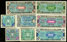 Alliierter Kontrollrat 1945/1948. 
1/2 - 1000 Mark (1944). Ros. 200a, 201a.c, 202a.c, 203a.c, 204d, 205a. 206c, 207c (11 Stück). 


meist I , III+...