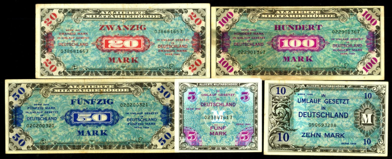Alliierter Kontrollrat 1945/1948. 
5, 10, 20, 100 Mark 1944 US-Druck 9-stellig,...