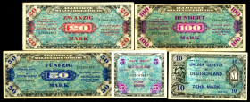 Alliierter Kontrollrat 1945/1948. 
5, 10, 20, 100 Mark 1944 US-Druck 9-stellig, mit Geheimzeichen "F". Ros. 202a, 203a, 204a, 205a, 206a. (5). 


...