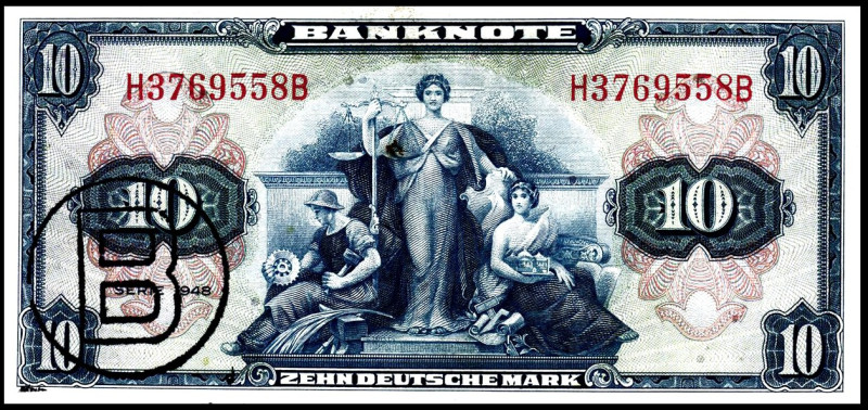 Bundesrepublik. 
Bank Deutscher Länder. 
10 DM 1948 mit B-Stempel. Ros. 239a. ...