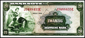 Bundesrepublik. 
Bank Deutscher Länder. 
20 Deutsche Mark 1948 mit B- Perforation. Ros. 241b. . 


II
