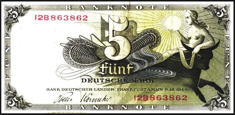 Bundesrepublik. 
Bank Deutscher Länder. 
5 DM 9.12.1948 Serienziffer 2-stellig...