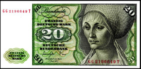 Bundesrepublik. 
Bundesbank. 
5, 20 Deutsche Mark 1.6.1977 Serie B/C und GG/T. Ros. 262e, 276a. (2). 


I