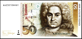Bundesrepublik. 
Bundesbank. 
10 , 50 Deutsche Mark 2.1.1989 Serie AA-Z7, AA-D1. Ros. 292a, 293a. (2). 


I