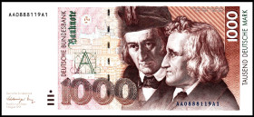 Bundesrepublik. 
Bundesbank. 
1000 Deutsche Mark 1.8.1991 AA-A1. Ros. 302a. . 


I-