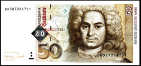 Bundesrepublik. 
Bundesbank. 
50 Deutsche Mark 2.1.1996 DD- D Ersatznote. Ros. 309a. . 


I-