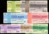 Deutsche Demokratische Republik. 
 FORUM Außenhandelsges. m. b. H.. 
Wertgutschein "Forum" 1979. 0,50, 1, 5, 10, 50, 100, 500, Mark 1979 "Forum-Sche...