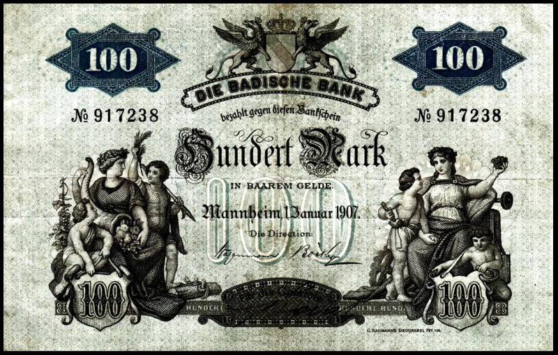 Ländernotenbanken. 
Badische Bank Mannheim. 
100 Mark 1.1.1907 mit Druckfirma....