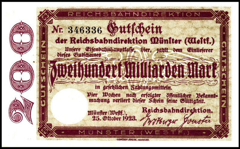 REICHSBAHN. 
Münster, Reichsbahndirektion. 200 Mrd. Mark 25.10.1923. M.-G. 018....