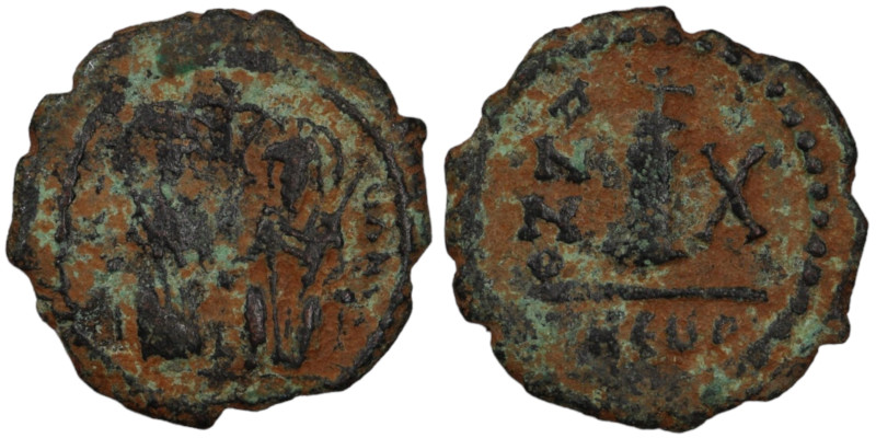 Justin II. and Sophia. (565-578 AD). 10 Nummi. (20mm, 3,00g). Theoupolis. Obv: J...