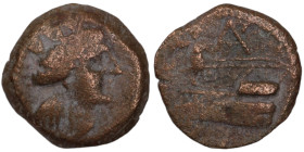 Phoenicia. Arados. (242-166 BC) Æ Bronze. (15mm, 3,17g) Obv: head of Tyche right. Rev: Athena standing left on prow.