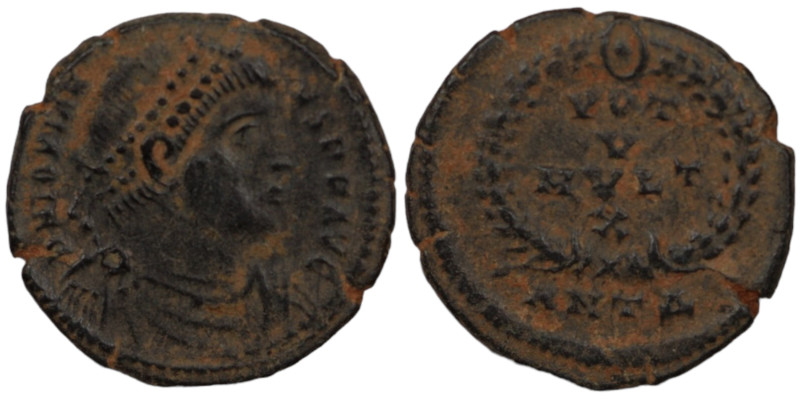 Jovianus. (363-364 AD). Æ Follis. (18mm, 2,90g) Antioch. Obv: D N IOVIANVS P F A...