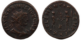 Carinus. (282-285 AD). Æ Antoninian. (20mm, 3,68g) Antioch. Obv: IMP C M AVR CARINVS PF AVG. radiate cuirassed bust of Carinus right. Rev: CLEMENTIA T...