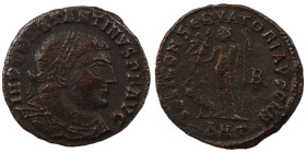 Constantinus I. (317-320 AD). Follis. (20mm, 2,95g) Antioch. Obv: IMP CONSTANTINVS AVG. draped bust of Constantinus holding scepter left. Rev: IOVI CO...