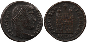 Constantinus I. (307-337 AD). Follis. (18mm, 2,59g) Antioch. Obv: CONSTANTINVS AVG. laureate bust of Constantinus right. Rev: PROVIDENTIAE AVGG. Campg...