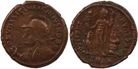 Licinius II. (317-324 AD). Follis. (19mm, 3,20g) Antioch. Obv: D N VAL LICIN LICINIVS NOB C. helmeted and cuirassed bust holding spear and shield. Rev...