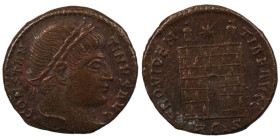 Constantinus I. (307-337 AD). Follis. (17mm, 3,10g) Antioch. Obv: CONSTANTINVS AVG. laureate bust of Constantinus right. Rev: PROVIDENTIAE AVGG. Campg...