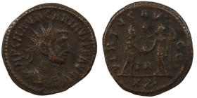 Carinus. (283-285 AD). Æ Antoninian. (20mm, 3,30g) Antioch. Obv: IMP C M AVR CARINVS PF AVG. radiate cuirassed bust of Carinus right. Rev: VIRTVS AVGG...